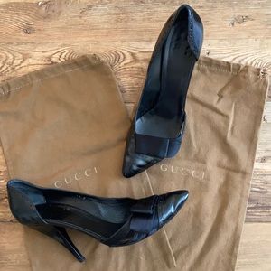 Gucci Black Leather Satin Bow Pointed Toe Heels